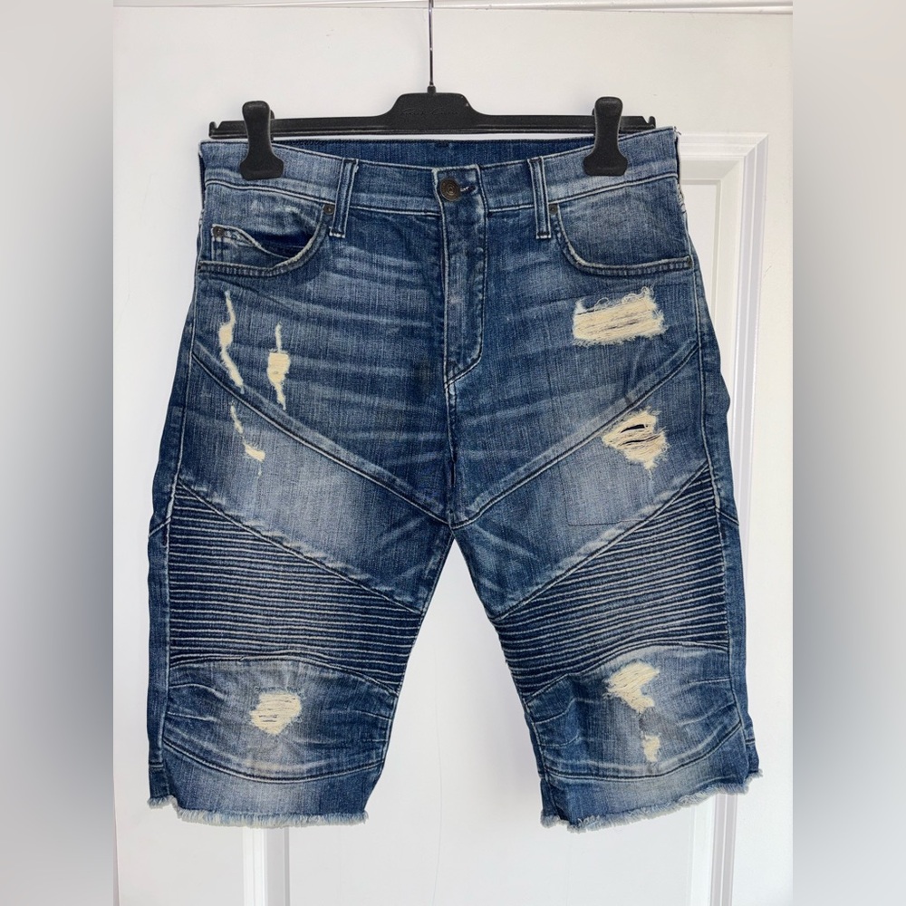 True Religion Distressed Blue Biker Denim Shorts